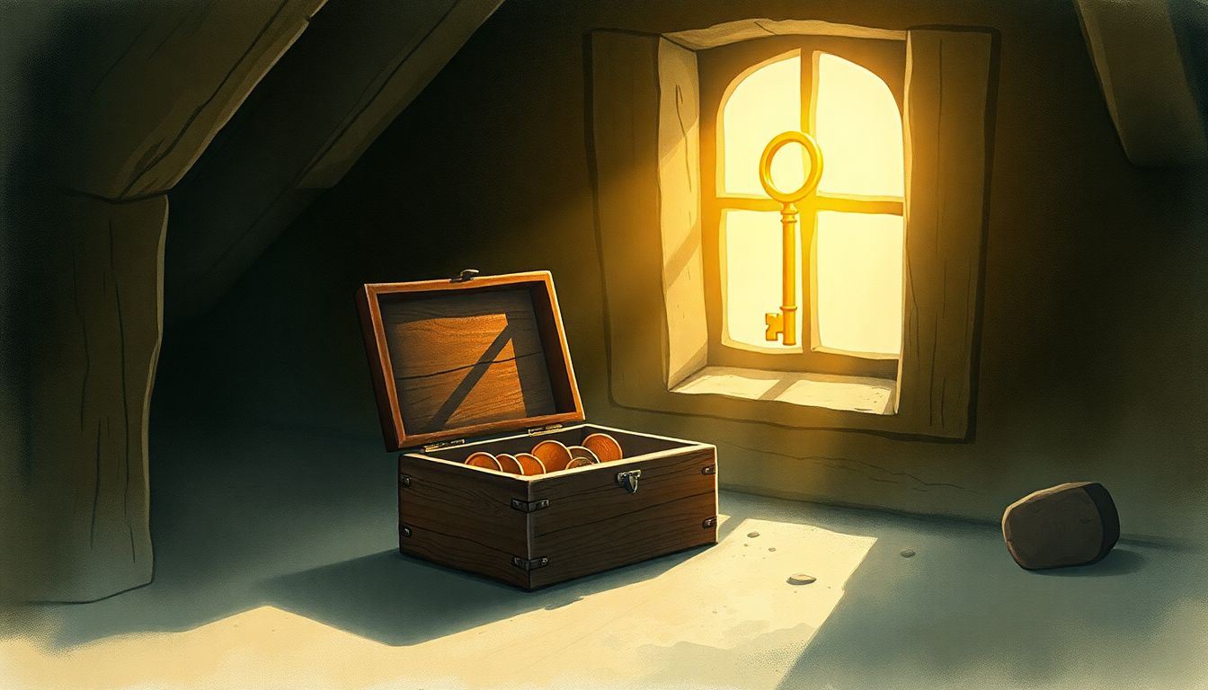 포용금융의 역설 : 성실하게 채무를 이행한 차주가 오히려 혜택에서 소외되는 신용의 역설을 묘사한 낡은 상자와 마법의 열쇠 일러스트