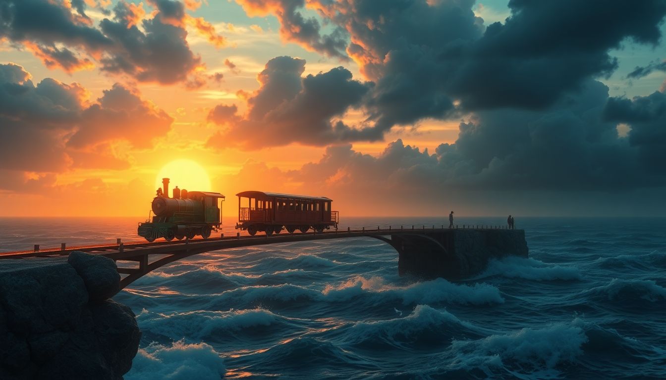 포용금융의 역설 : 세대 간 갈등과 신용 경색의 위험 속에서 위태로운 경로를 지나는 미래 금융 시나리오를 상징하는 하늘 기차 일러스트