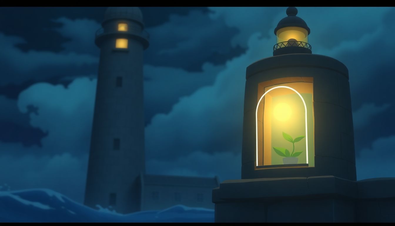 포용금융의 역설 : 각자도생의 시대에 신용 인플레이션으로부터 자산을 보호하기 위한 전략을 상징하는 견고한 등대와 빛나는 랜턴 일러스트