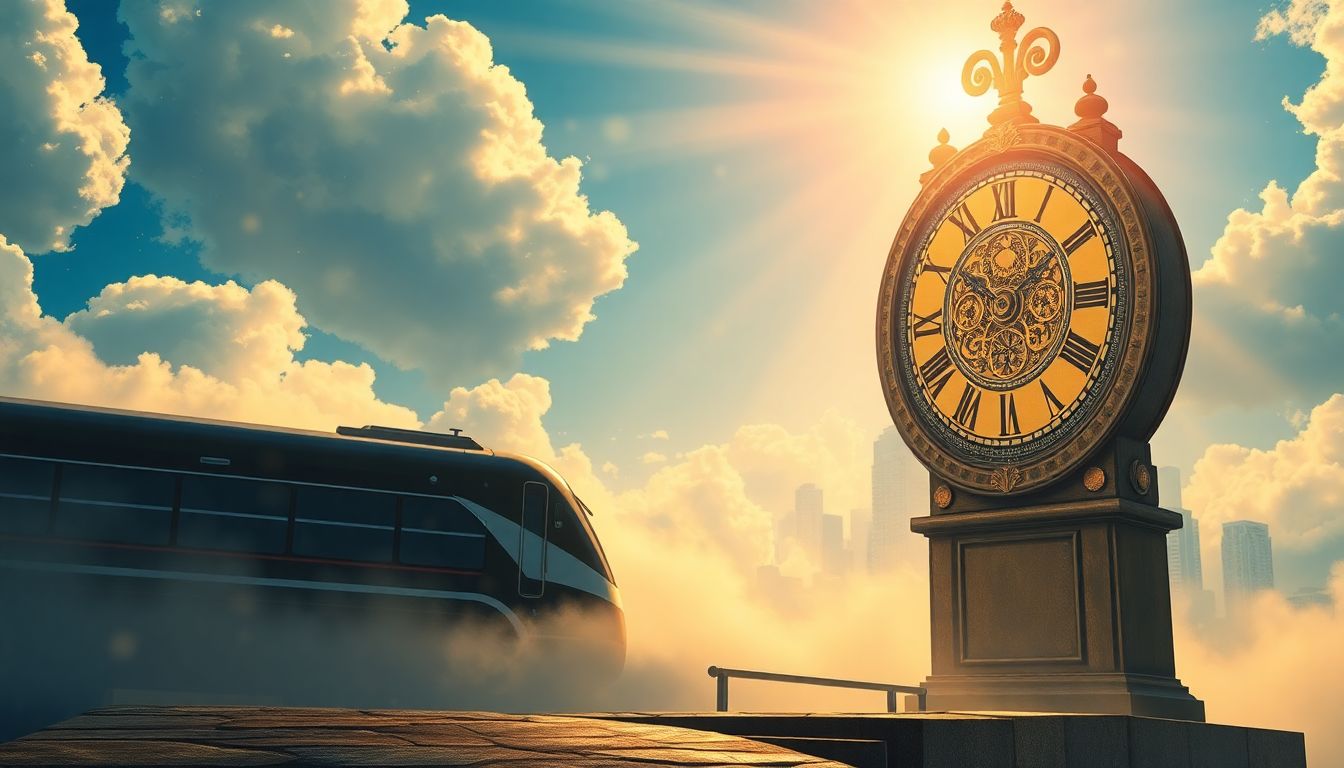 GTX-A 완전 개통을 기점으로 부동산 시장의 막연한 기대감이 선명한 실증적 가치로 전환되는 변곡점과 시간 중심의 자산 전략을 상징하는 시계와 철도 전경