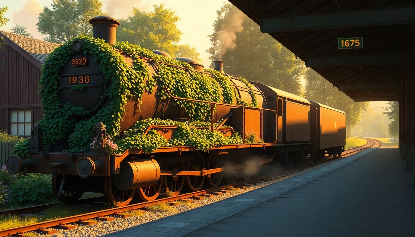 현금 없는 사회에서 자금 순환이 멈추는 돈맥경화 현상과 자산 시장의 디커플링을 멈춰선 기차로 묘사한 일러스트