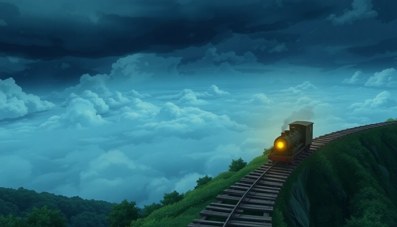 서울 아파트 계약 해제율 리스크로 인해 불안정한 주거 사다리에 놓인 실수요자들의 2025년 시나리오를 상징하는 하늘 기차 일러스트