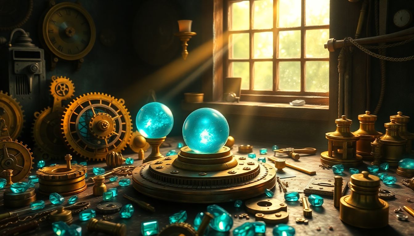 [2나노 파운드리 전쟁] 삼성전자와 TSMC의 초미세 공정 패권 다툼을 상징하는 정교한 황금 태엽 장치와 AI 반도체 기술의 미래를 묘사한 예술적 이미지