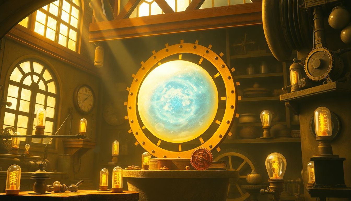 2나노 파운드리 전쟁 : AI의 물리적 한계 돌파와 에너지 효율을 상징하는 신비한 마법 구슬과 황금 태엽 일러스트