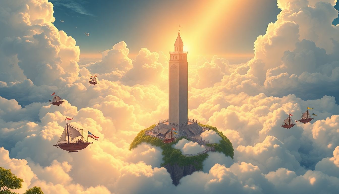 2나노 파운드리 전쟁 : 시장을 지배하는 거대한 탑과 새로운 기회를 찾아 항해하는 비행선으로 묘사한 산업 지형도 일러스트