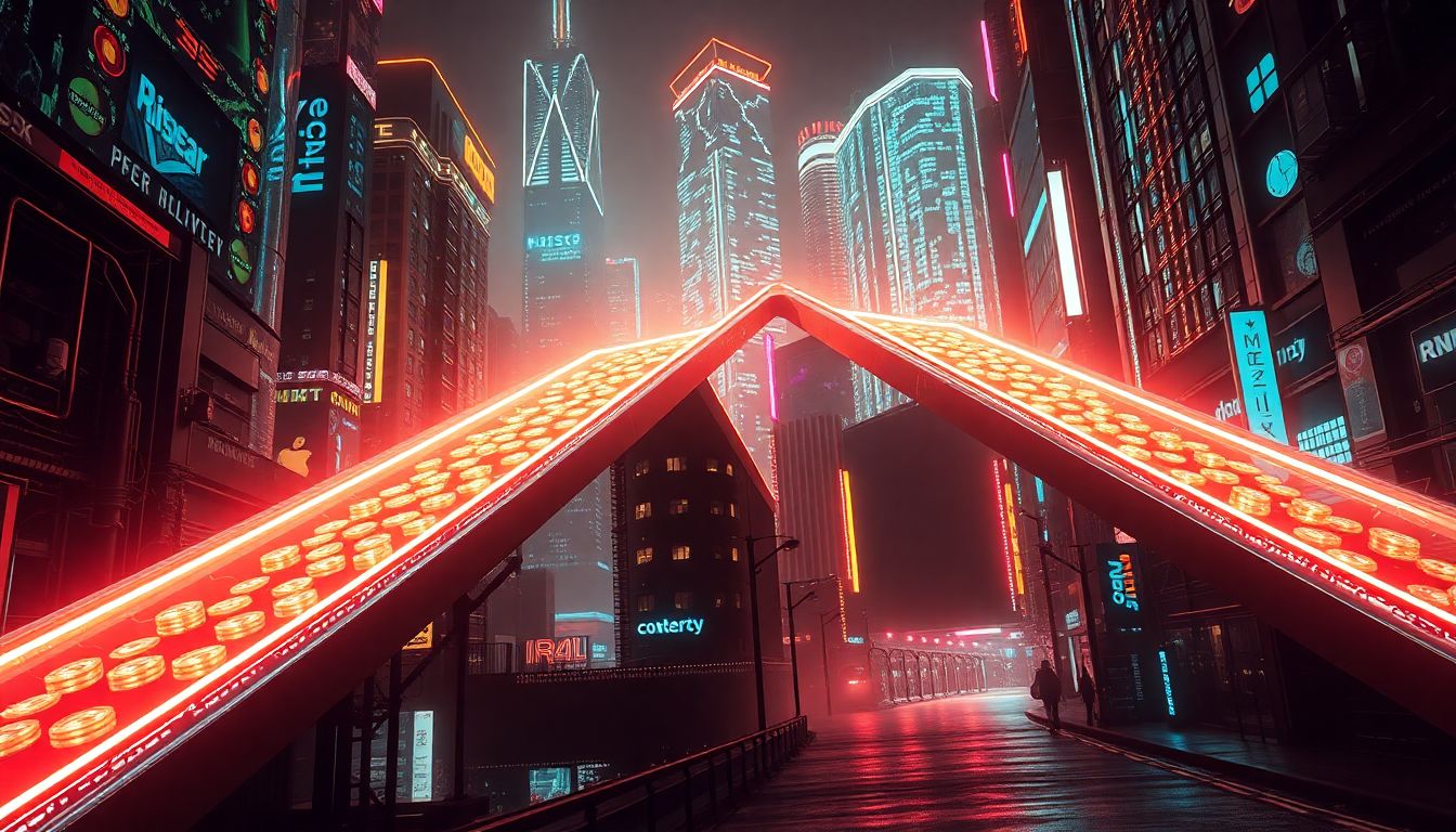 Cyberpunk neon, futuristic realism, a high-contrast futuristic city where two glowing neon paths diverge into a 'K' shape; the upward path is filled with shimmering digital coins and tall skyscrapers, while the downward path leads to a dark urban street, dramatic lighting, highly detailed, no text, no letters