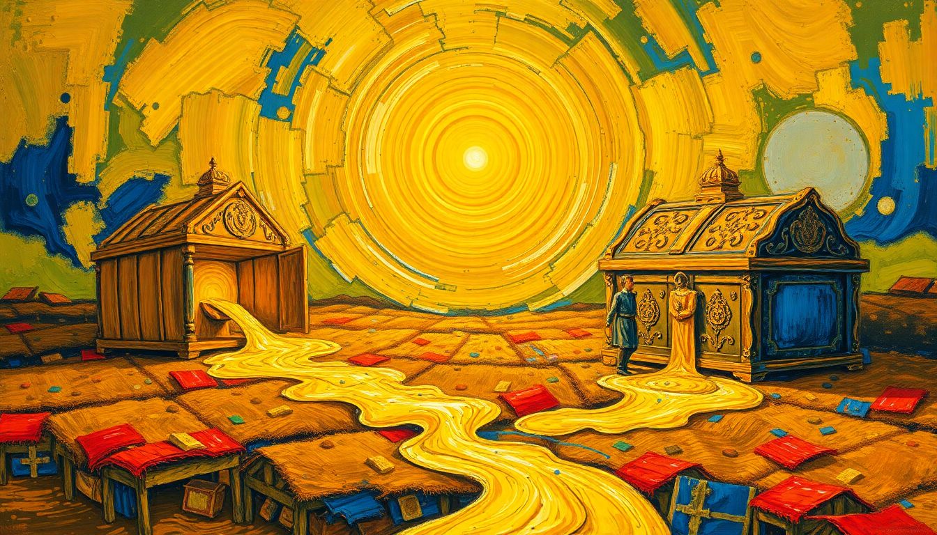 Abstract oil painting, Van Gogh style, thick brushstrokes of golden liquid flowing from a central sun into large ornate golden chests, while the surrounding fields of labor remain dry and untouched, symbolizing the Cantillon Effect and wealth concentration, vibrant colors, no text, no letters