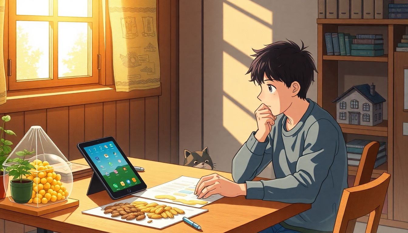 Studio Ghibli anime style, cozy watercolor, a person at a wooden desk thoughtfully looking at a diverse collection of glowing seeds, a house model, and a digital tablet, soft warm sunlight filtering through a window, atmosphere of strategic planning and survival, no text, no letters