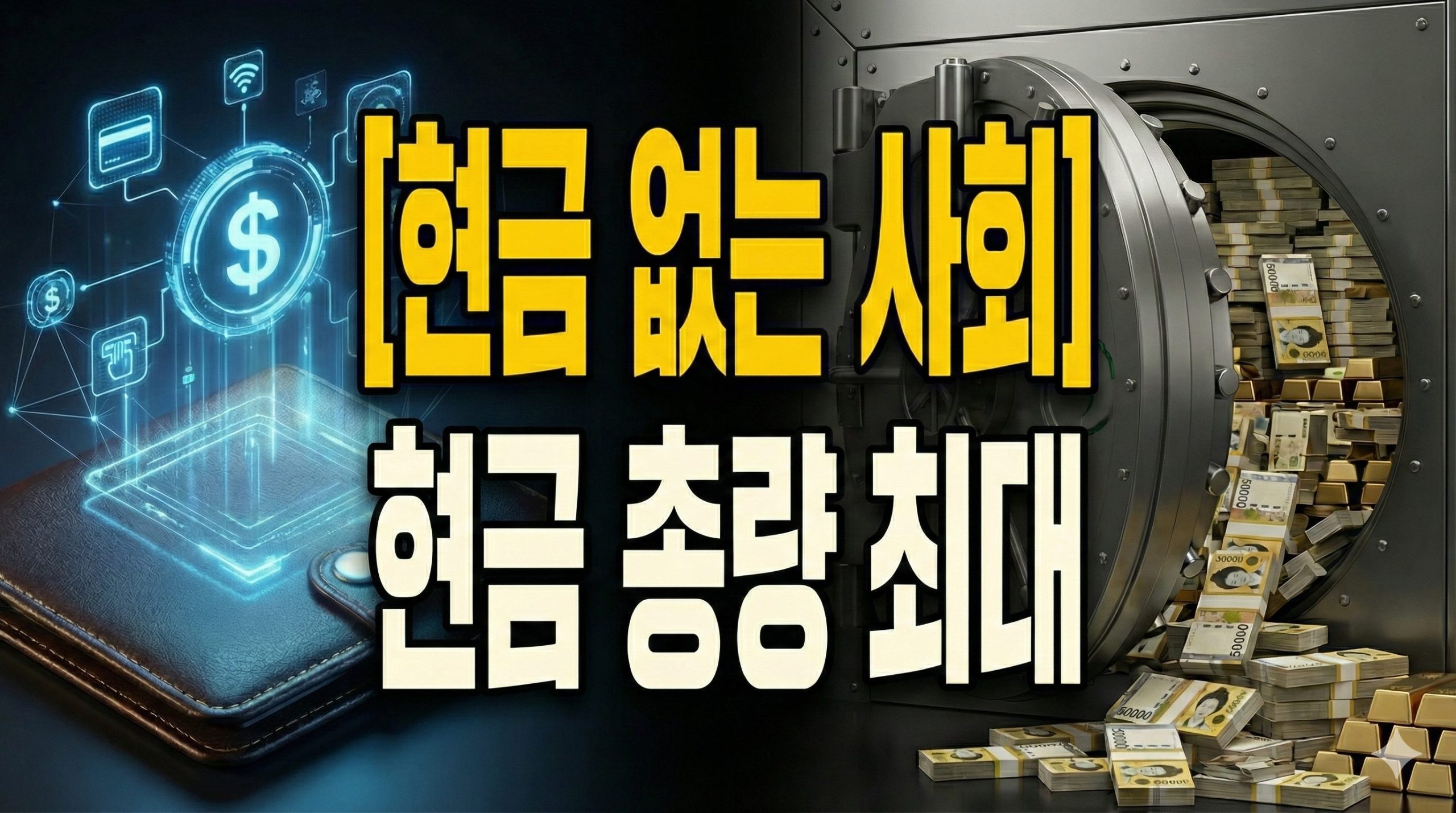 [현금 없는 사회]의 도래와 함께 나타난 유동성의 역설 속에서, 경제적 불확실성에 대비해 가치 저장 수단으로 금고에 보관되는 현금 자산과 개인의 자산 방어 전략을 묘사한 시각 자료