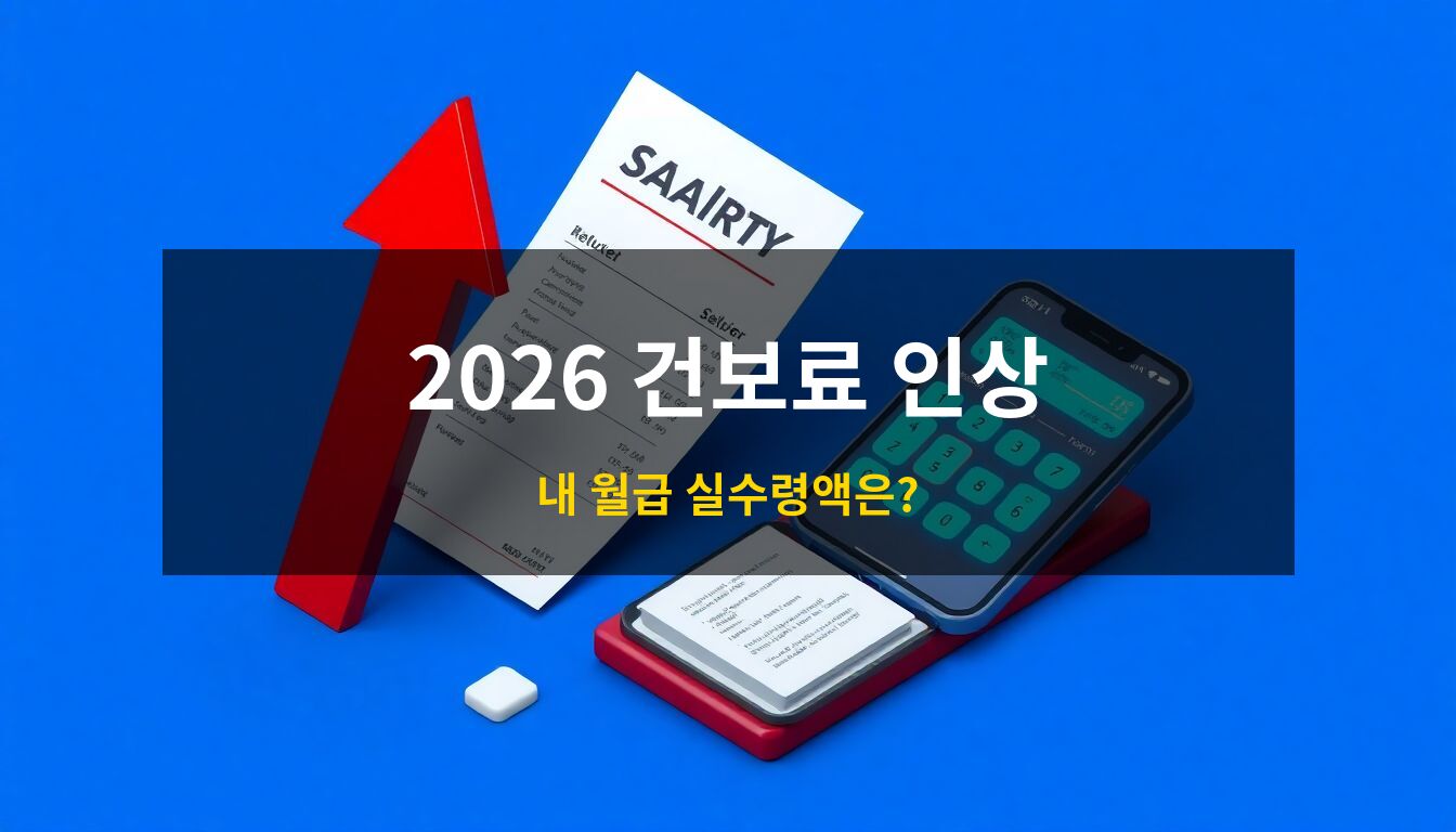 2026년 건강보험료 인상을 상징하는 상승하는 붉은색 화살표와 급여 명세서, 그리고 보험료를 계산하는 스마트폰이 정갈하게 배치된 전문적인 3D 아이소메트릭 일러스트