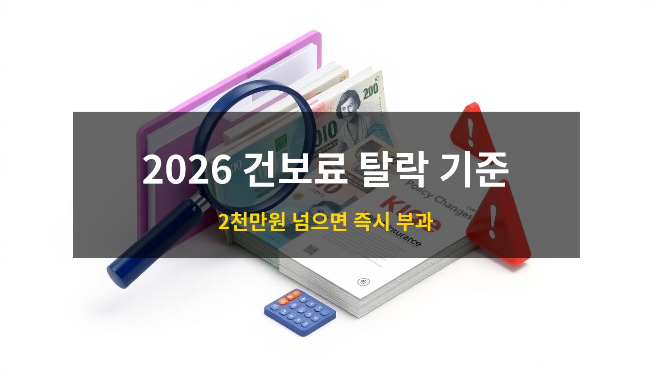 2026년건강보험피부양자자격박탈: 돋보기가 놓인 건강보험 서류와 한국 지폐, 계산기가 조화롭게 배치된 고해상도 3D 아이소메트릭 일러스트로 제도 변화와 경제적 검토를 상징하는 이미지