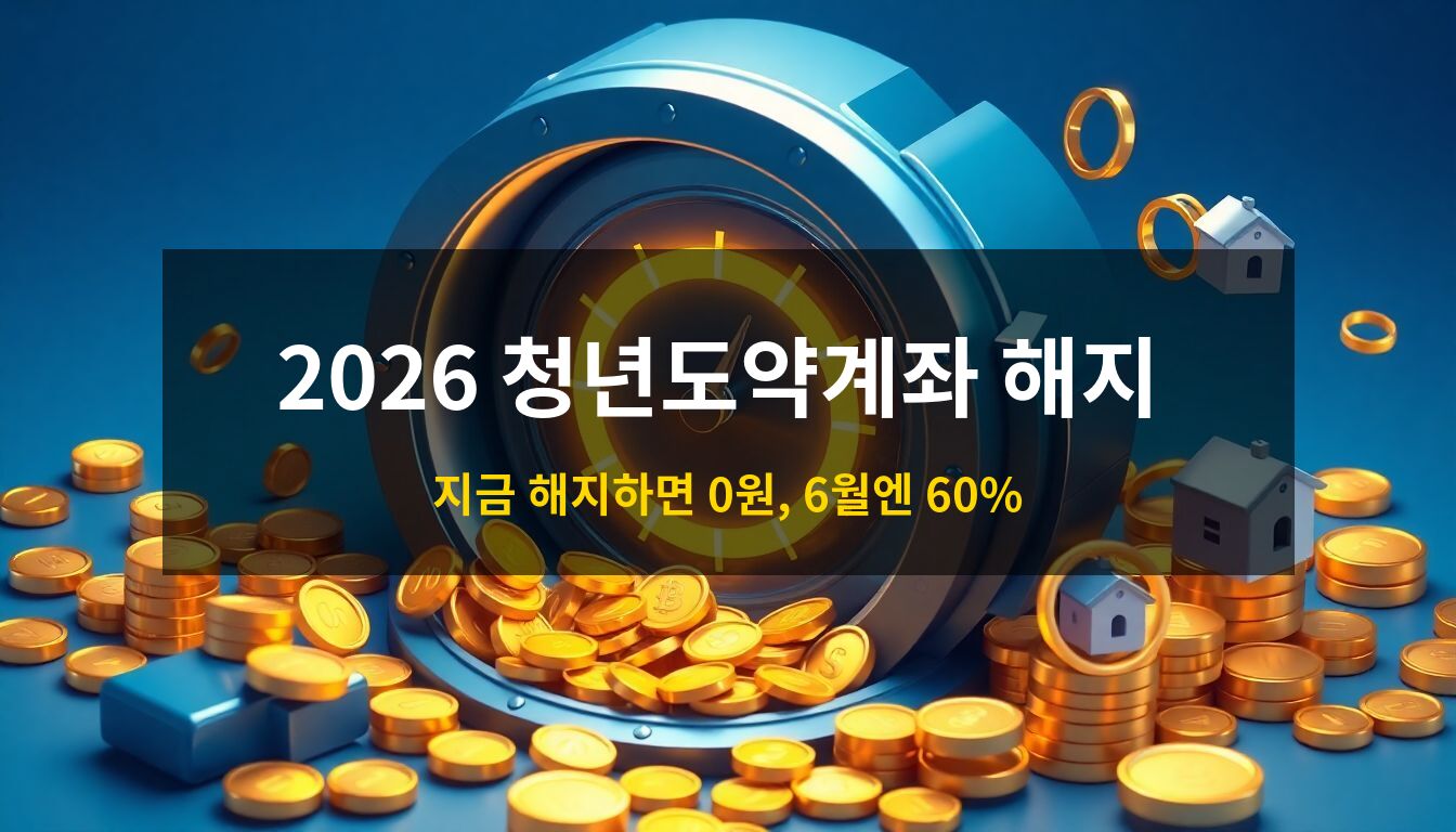 청년도약계좌중도해지: 3년 유지 시 60% 환급 및 비과세 혜택을 상징하는 디지털 금고와 황금색 코인, 주거 및 결혼 아이콘이 어우러진 고급스러운 3D 아이소메트릭 일러스트