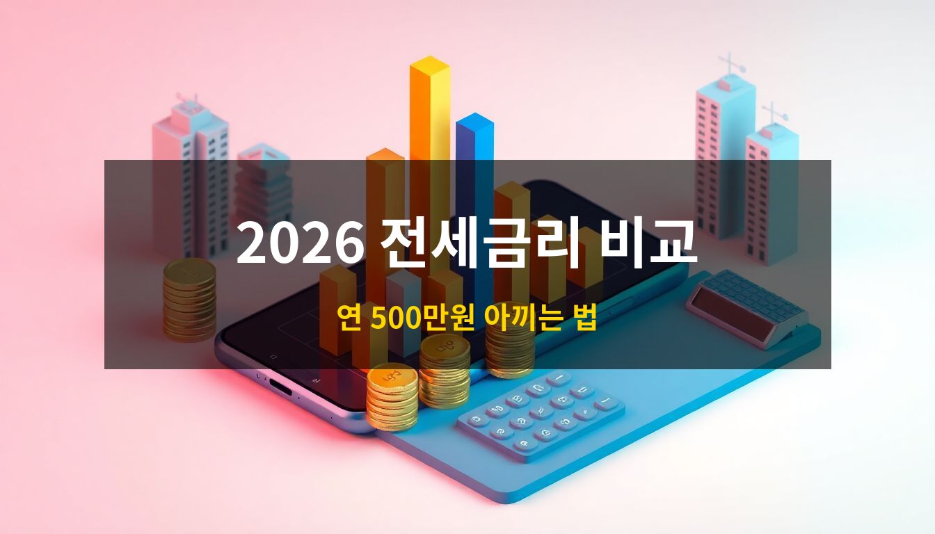 2026년전세자금대출금리: 금리 차이를 시각화한 스마트폰 그래프와 자산 절약을 상징하는 금색 동전 및 계산기, 고층 아파트 단지가 어우러진 3D 아이소메트릭 금융 컨셉 이미지