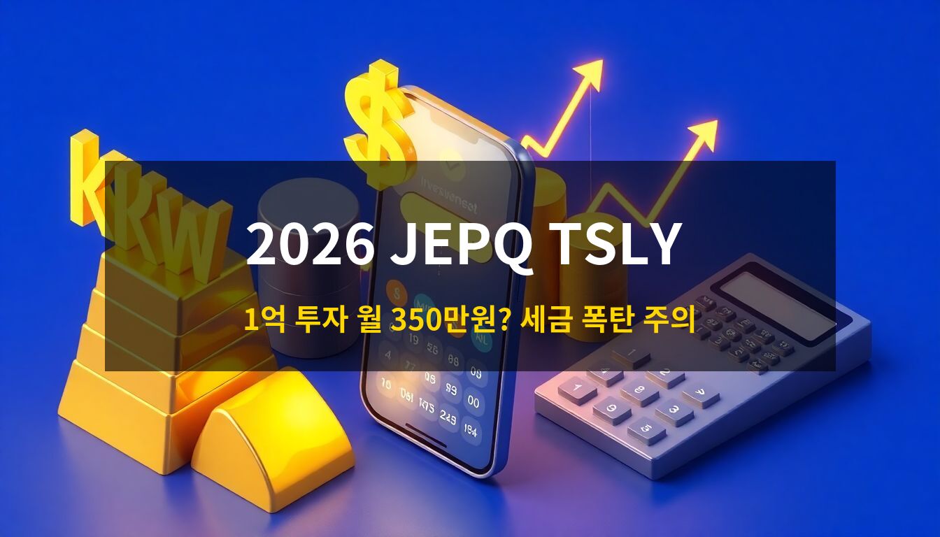 2026 JEPQ TSLY 배당: 금괴와 화폐 기호, 배당금 입금 알림이 표시된 스마트폰이 어우러진 고급스러운 3D 아이소메트릭 금융 투자 컨셉 이미지