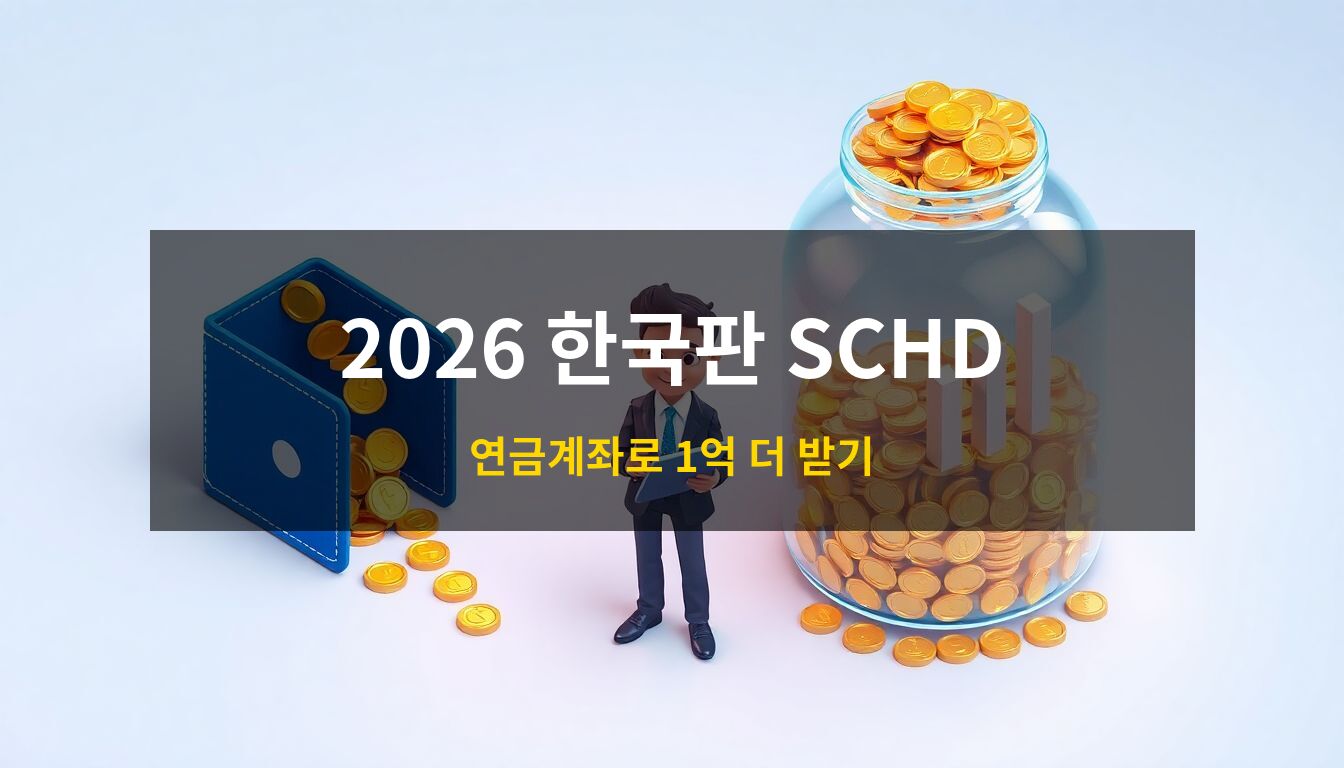 2026 한국판 SCHD: 세금이 빠져나가는 지갑과 황금빛 동전이 가득 쌓인 유리병을 대비시켜 연금 계좌의 압도적인 자산 증식 효과를 상징적으로 표현한 3D 아이소메트릭 일러스트