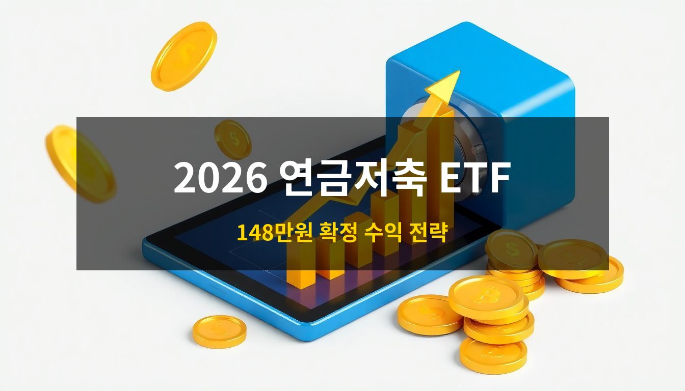 2026 연금저축 ETF 포트폴리오: 상승하는 황금색 수익률 그래프와 신뢰감을 주는 푸른색 금고, 쏟아지는 금화 오브젝트를 통해 안정적인 노후 자산 증식과 절세 전략을 형상화한 3D 아이소메트릭 일러스트