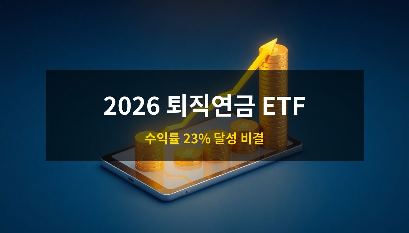 2026 퇴직연금 DC형 ETF: 급격히 상승하는 수익률 그래프가 담긴 태블릿과 자산의 격차를 시각화한 황금 동전 더미가 조화를 이룬 3D 아이소메트릭 금융 투자 전략 이미지