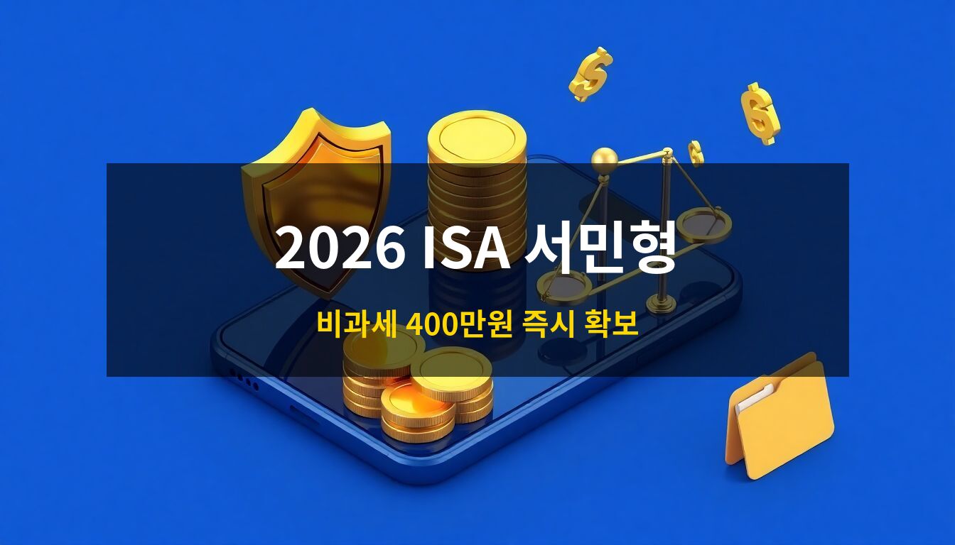 2026 ISA 서민형: 자산을 보호하는 황금 방패와 금동전 더미가 놓인 스마트폰, 절세 혜택을 상징하는 저울이 어우러진 고급스러운 3D 아이소메트릭 금융 컨셉 이미지