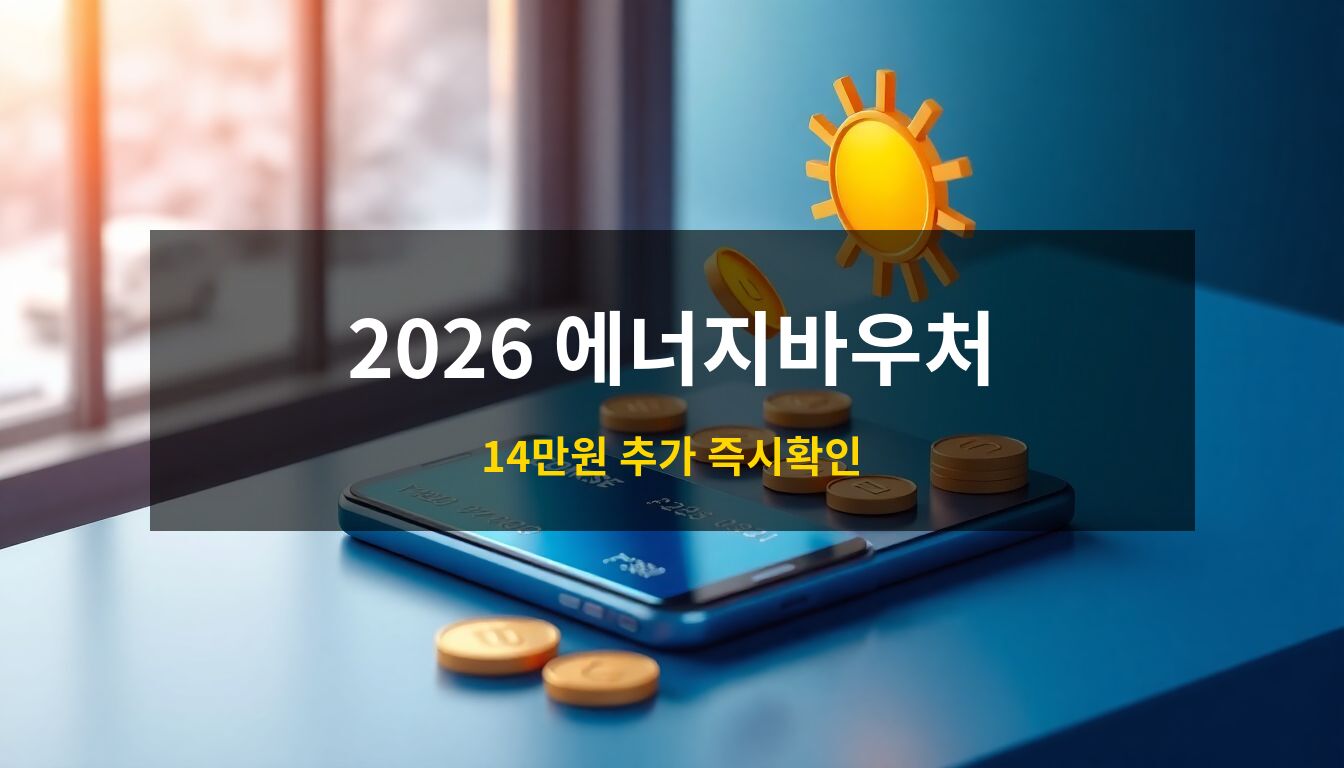 2026년 에너지바우처: 매서운 겨울 추위를 녹이는 따뜻한 에너지 지원금을 상징하는 세련된 카드와 황금빛 동전, 온기 아이콘이 어우러진 고품질 3D 아이소메트릭 일러스트