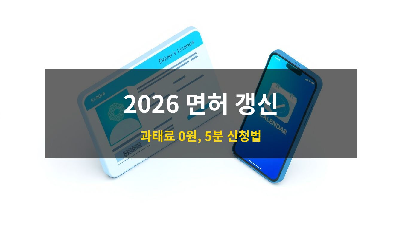 2026 운전면허 적성검사 갱신: 푸른색 톤의 세련된 3D 아이소메트릭 공간 속에 IC 칩이 박힌 모바일 운전면허증 카드와 완료 체크표시가 뜬 스마트폰, 생일이 강조된 달력이 배치된 디지털 행정 서비스 이미지