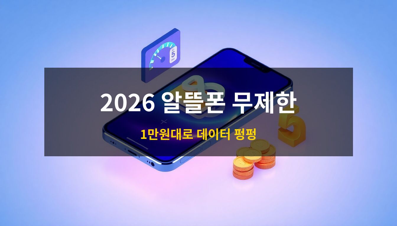 2026 알뜰폰 무제한: 최신형 스마트폰 위로 떠오른 무한대 기호와 심카드, 속도 게이지가 어우러진 3D 아이소메트릭 일러스트로 합리적인 통신 요금제와 데이터 혜택을 시각화한 이미지