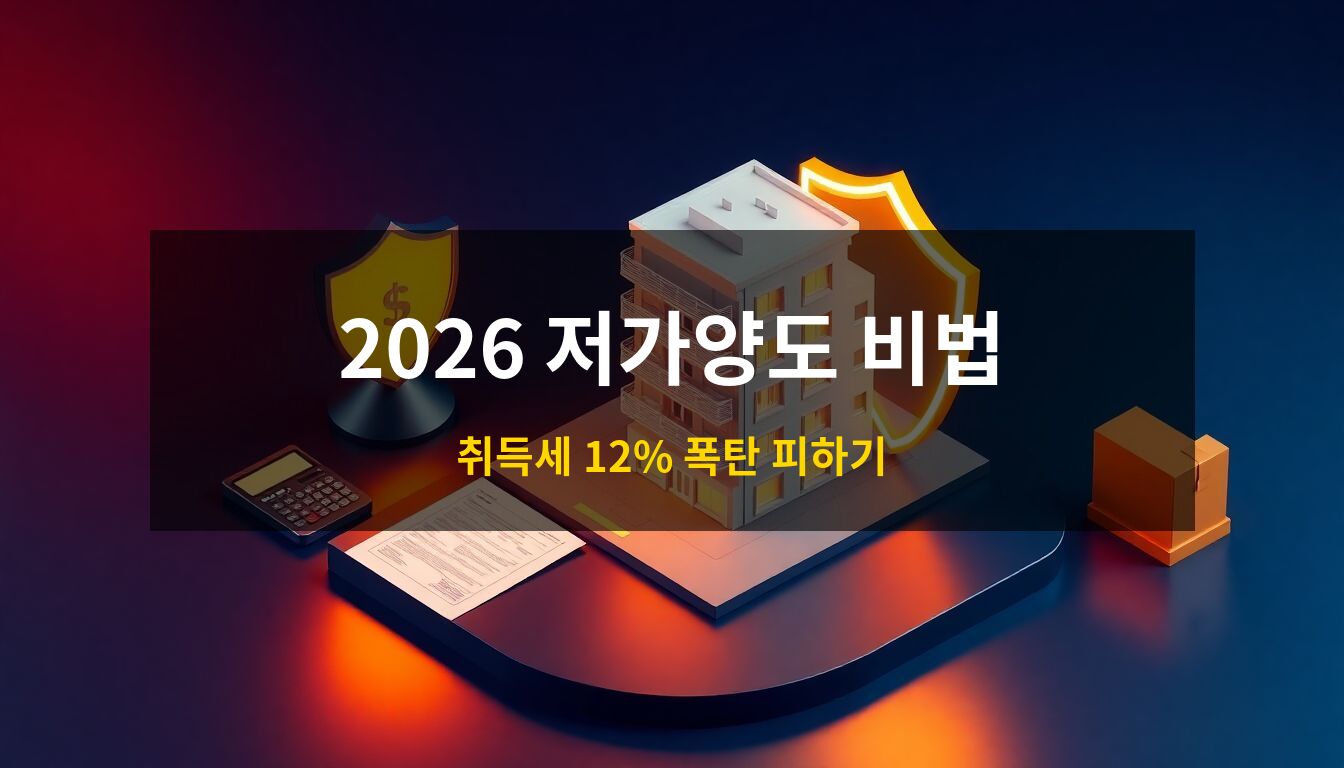 2026 가족간 부동산 저가양도: 고급스러운 네이비색 서재를 배경으로 아파트 모델과 이를 보호하는 황금색 방패, 세무 계산기를 배치하여 취득세 폭탄을 피하는 자산 전략을 형상화한 3D 아이소메트릭 일러스트