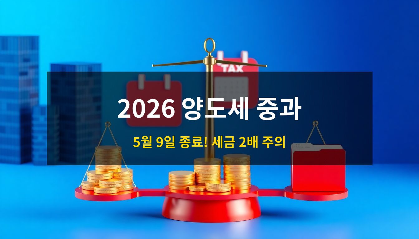 2026년 양도세 중과: 현대적인 아파트 건물과 날짜를 상징하는 달력, 그리고 저울 위에 놓인 황금 동전과 세금 서류가 조화를 이루는 전문적인 금융 및 부동산 테마의 3D 아이소메트릭 일러스트