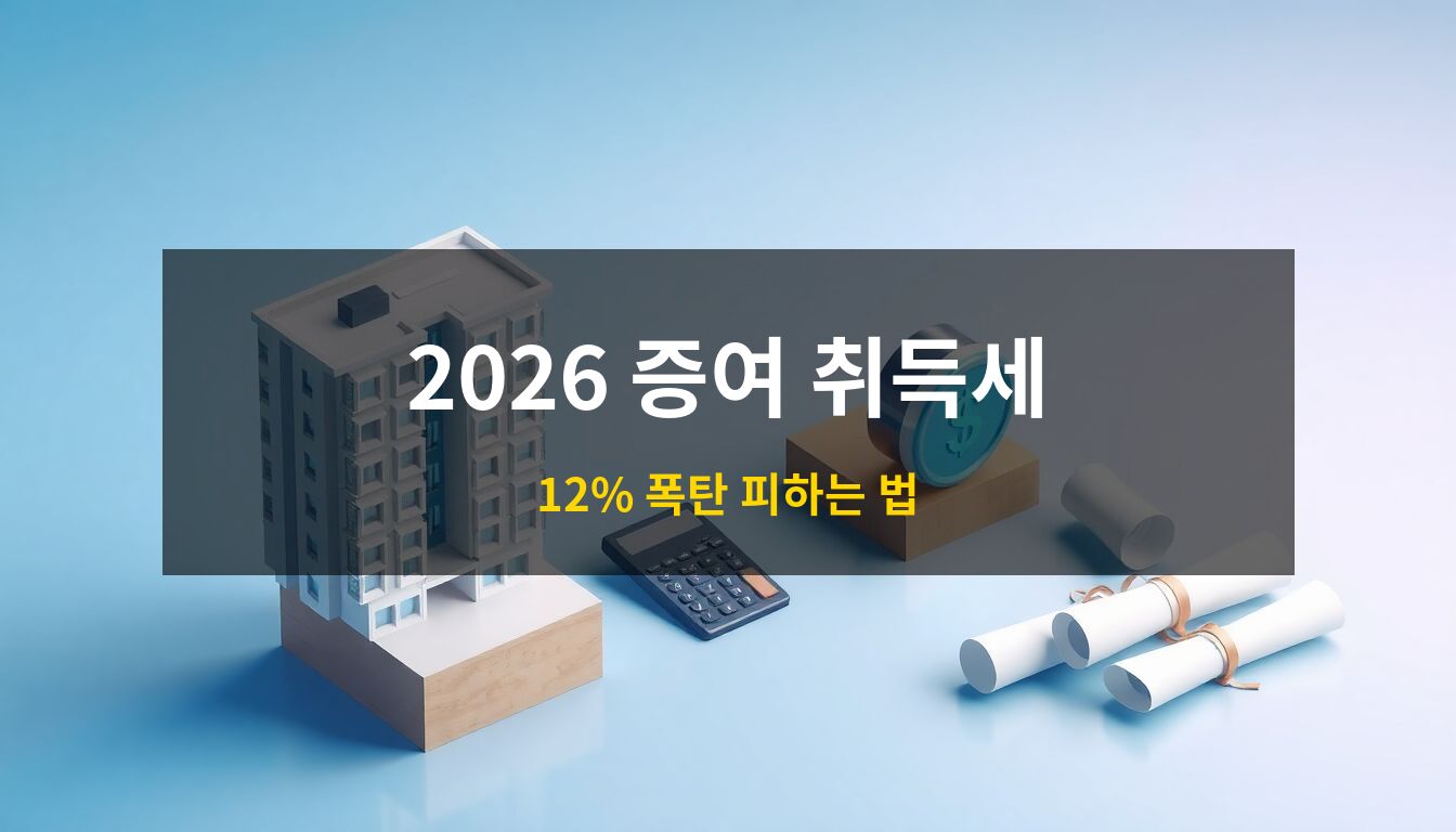 2026 자녀 아파트 증여 취득세: 세련된 현대식 아파트 모형과 세금 절감을 상징하는 저울, 계산기가 조화를 이룬 3D 아이소메트릭 금융 테마 컨셉 이미지
