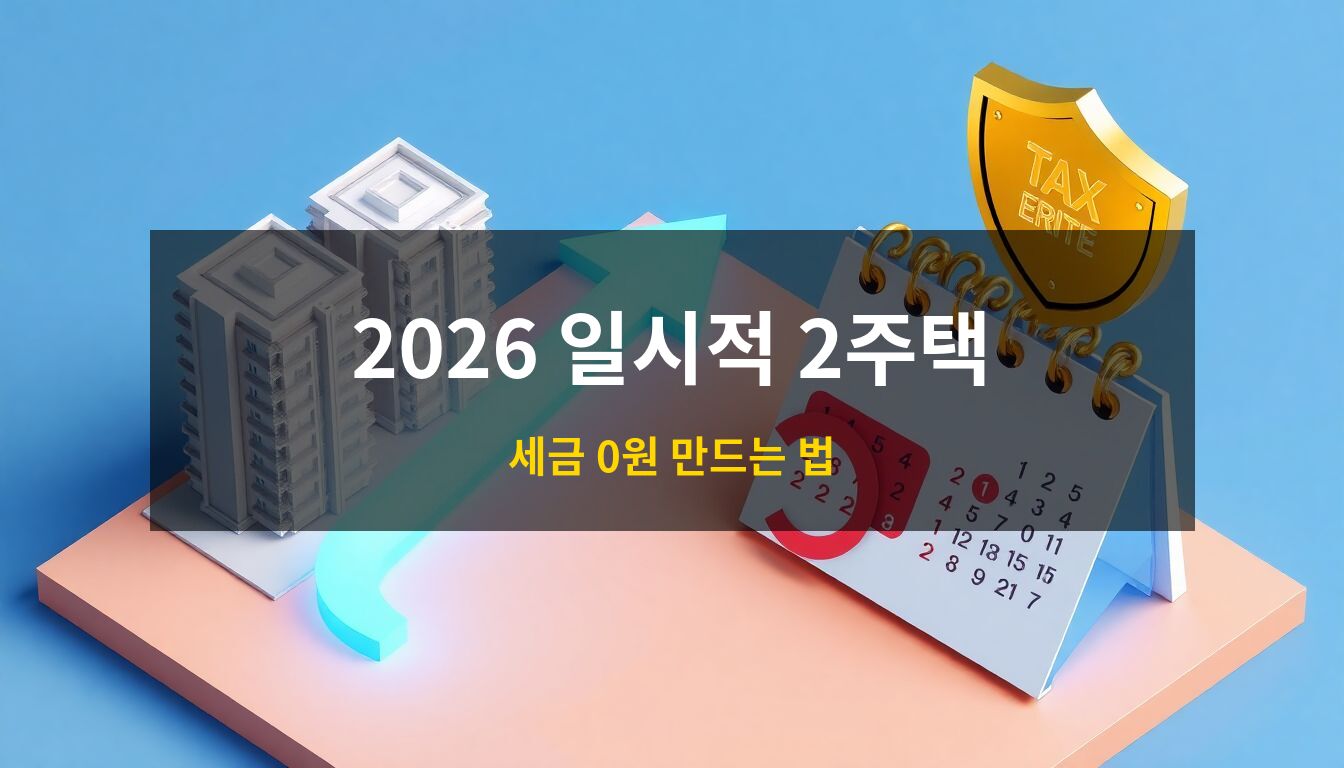2026 일시적 2주택 비과세: 두 개의 현대적인 아파트 단지와 기한을 강조하는 달력, 절세를 상징하는 황금색 방패 오브젝트가 배치된 고품격 3D 아이소메트릭 일러스트
