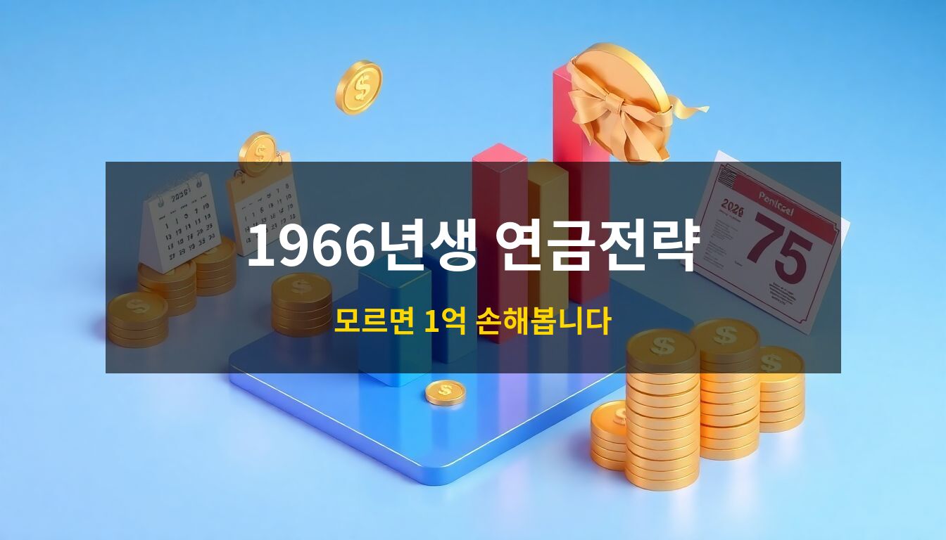 2026년 1966년생 국민연금: 수령 전략을 상징하는 3D 막대그래프와 금색 동전 더미, 신뢰감 있는 블루 톤의 연금 증서가 조화를 이룬 고품격 아이소메트릭 일러스트