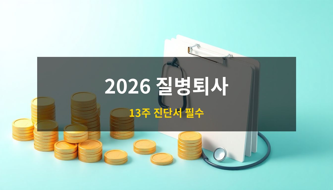 2026 질병퇴사 실업급여: 의료 진단서 서류 폴더와 청진기, 그리고 실업급여 수령액을 상징하는 황금 동전들이 정갈하게 배치된 고품질 3D 아이소메트릭 일러스트