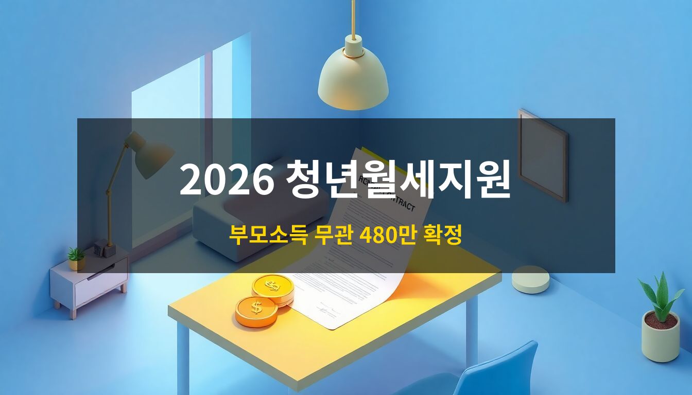 2026 청년월세지원: 밝고 현대적인 3D 아이소메트릭 원룸 공간에 경제적 혜택을 상징하는 황금빛 코인과 주거 계약서가 놓여 있는 주거 안정 및 월세 지원 정책 컨셉 이미지