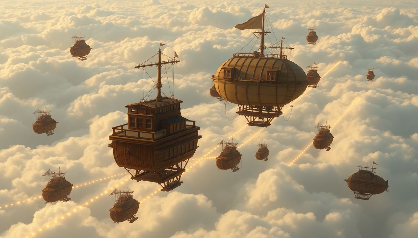 글로벌 조세 투명성 : CARF 체계 도입으로 전 세계 디지털 자산 정보가 실시간으로 연결되는 초투명 정보 교환 시스템 비행선 일러스트