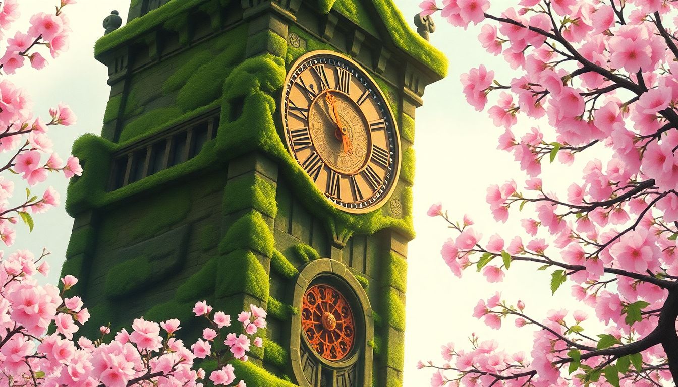 [출시 타임라인] 3월의 변화와 기적을 상징하는 벚꽃 속 고풍스러운 시계탑