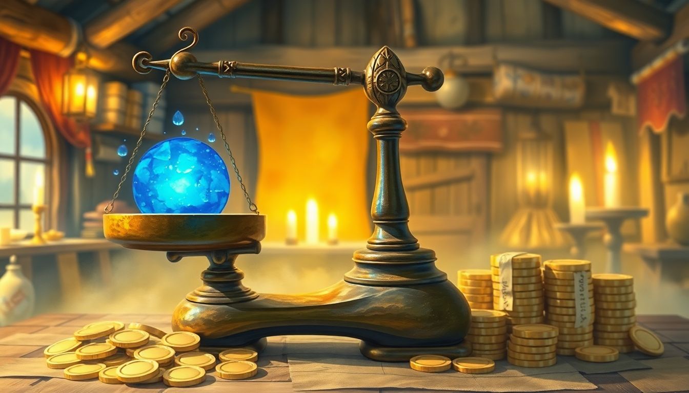 AP 가격 인상 : 핵심 부품 비용 상승이 불러온 가격 압박을 상징하는 황금 코인과 마법 코어의 저울질