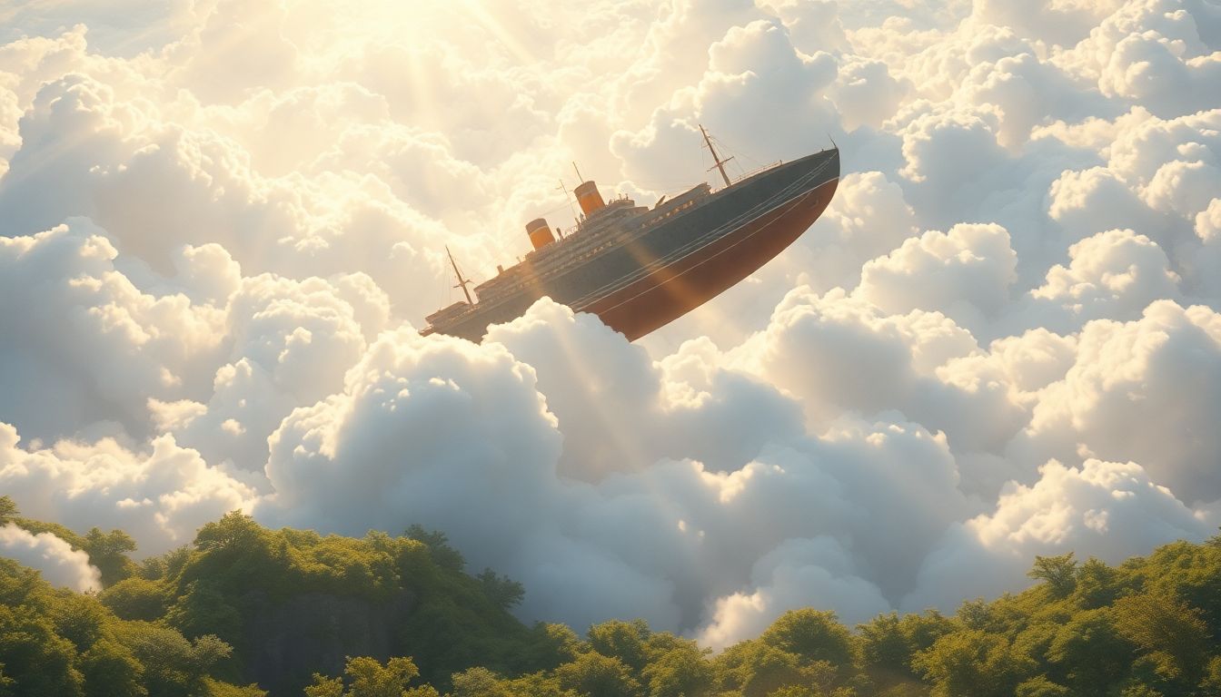 하드웨어 스펙 진화 : 압도적인 성능 향상과 기술적 도약을 상징하는 구름 위를 나는 거대한 범선