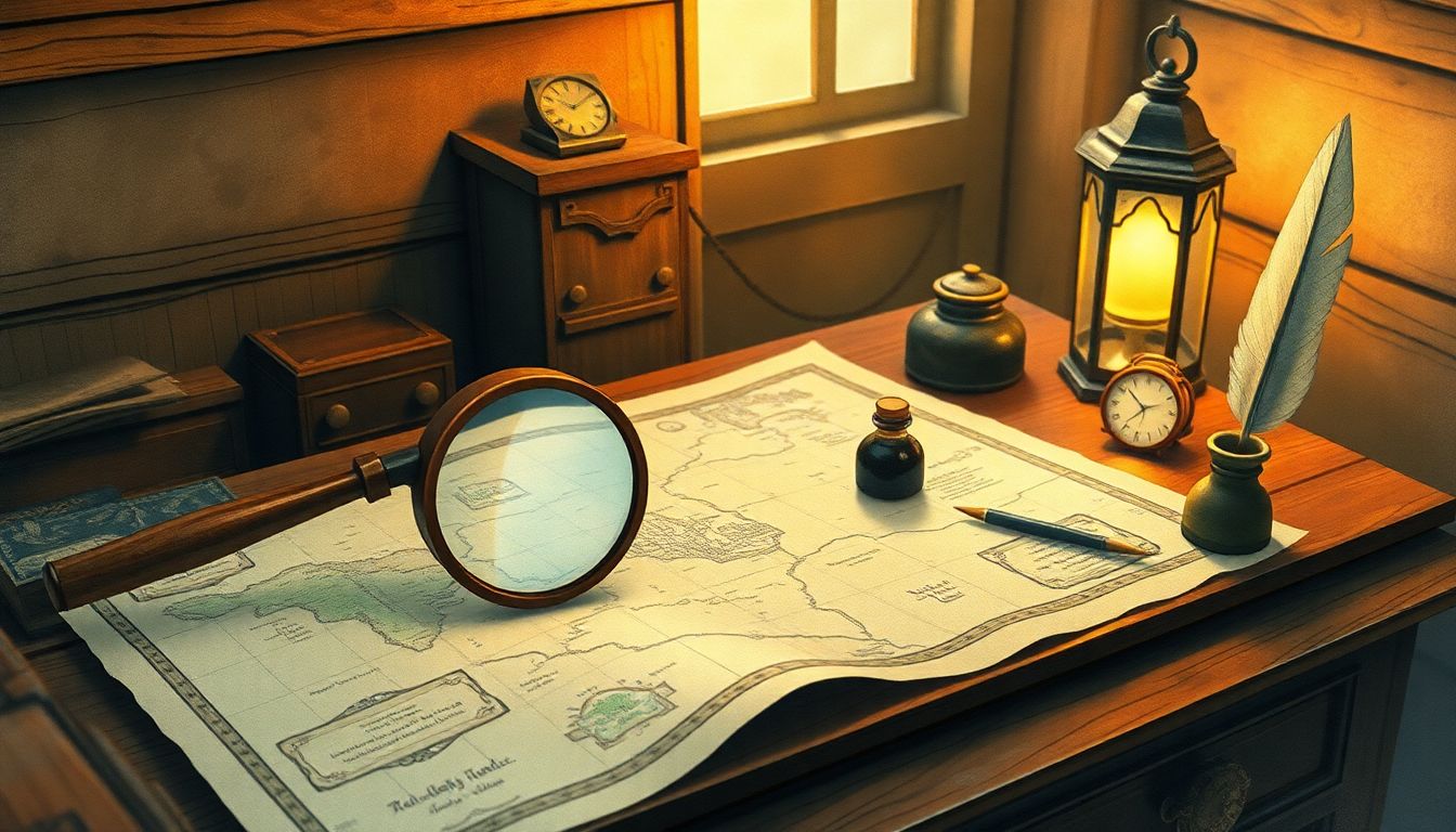 존버와 환승 가이드 : 사용자별 최적의 선택을 돕는 정교한 마법 지도와 돋보기가 놓인 아날로그 책상