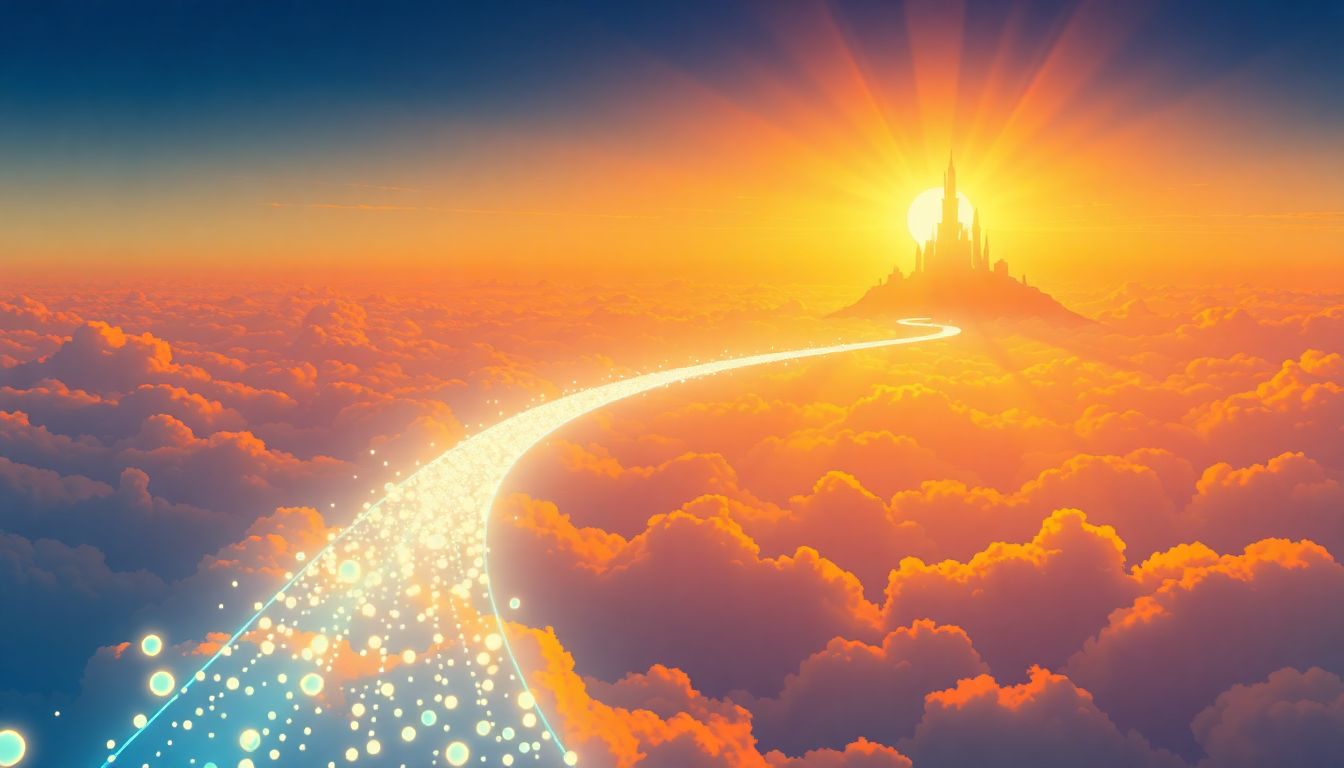 초저비용 인프라 혁명 기술인 덴쿤 업그레이드가 가져온 블록체인 고속도로와 확장성을 상징하는 웅장한 하늘길의 모습