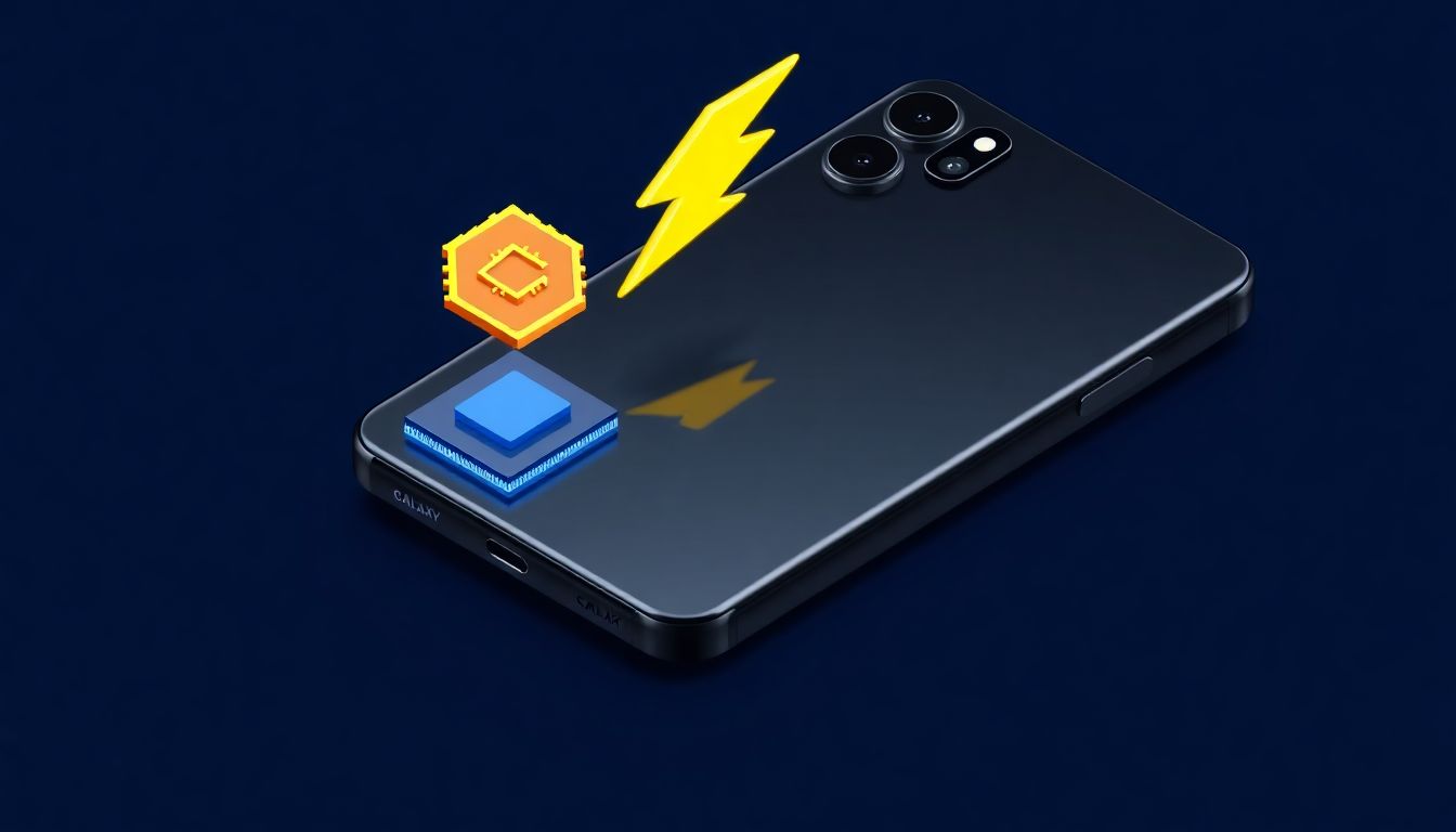 갤럭시 S26 울트라 디자인: 세련된 티타늄 블랙 스마트폰 본체와 강력한 성능의 칩셋, 60W 초고속 충전을 상징하는 번개 아이콘이 정교하게 배치된 프리미엄 3D 아이소메트릭 일러스트