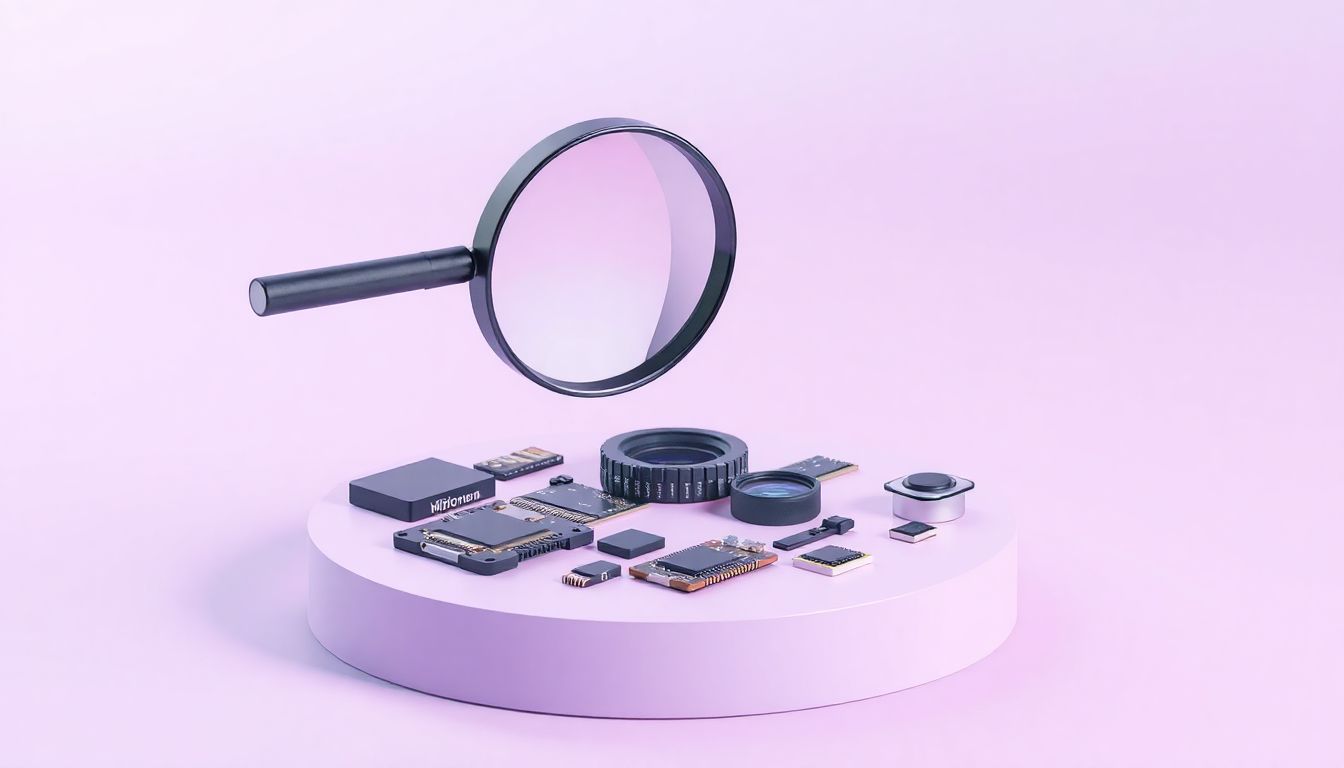 [갤럭시 S26 정보 확인] 돋보기 오브젝트가 스마트폰 부품과 데이터 카드들 위를 비추며 수많은 루머 속에서 정확한 정보를 선별하는 모습을 표현한 3D 구성