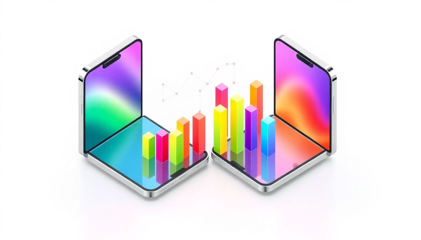 [S25 vs S26 울트라 비교] 두 대의 스마트폰 프레임 사이로 성능 변화를 나타내는 막대그래프와 기하학적 수치들이 떠 있는 아이소메트릭 분석 그래픽