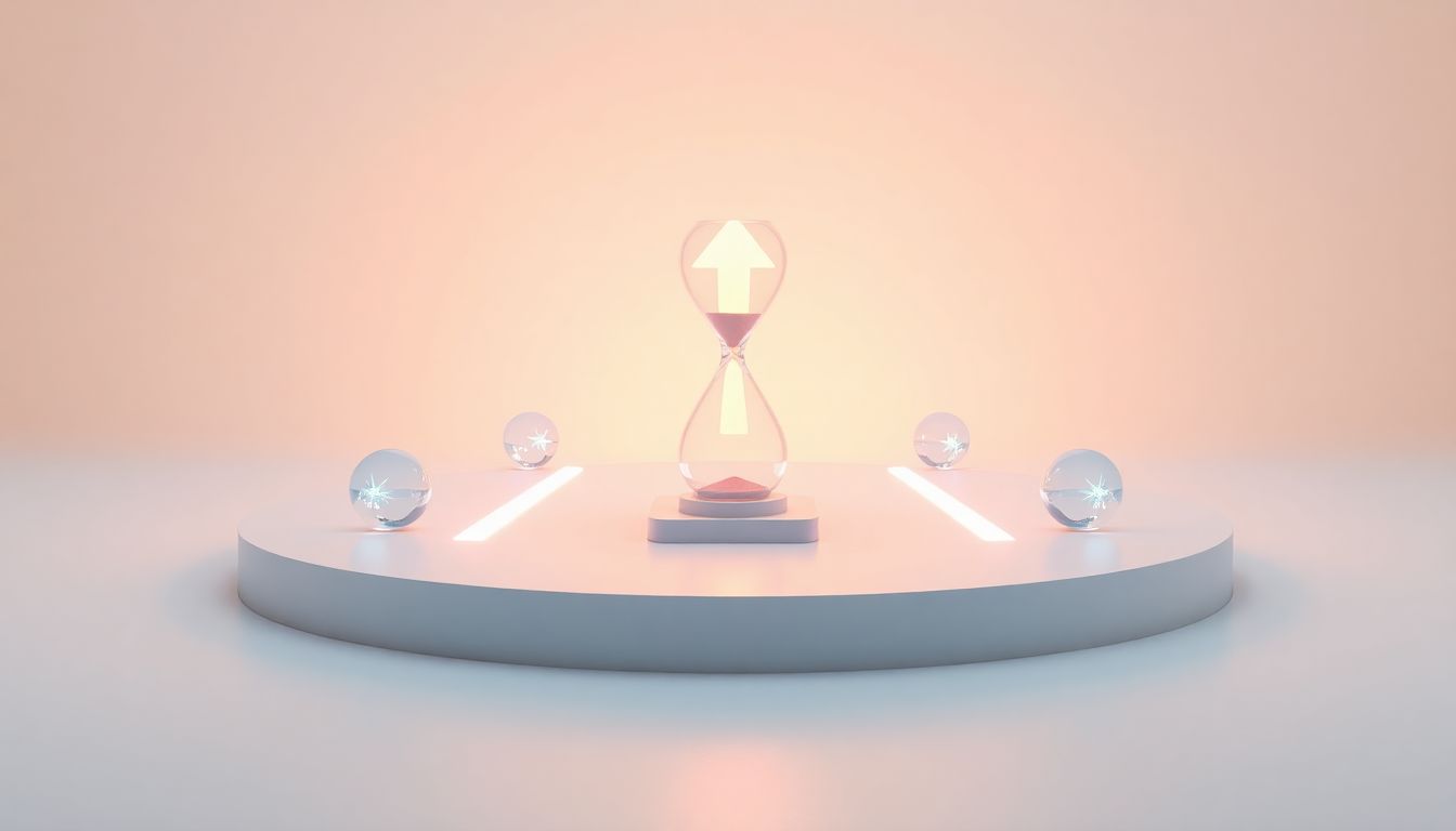 [갤럭시 S26 울트라 구매 가이드] 두 갈래로 나뉜 길 위에 모래시계와 상승하는 화살표가 배치되어 대기와 구매 사이의 결정을 상징하는 추상적인 3D 일러스트