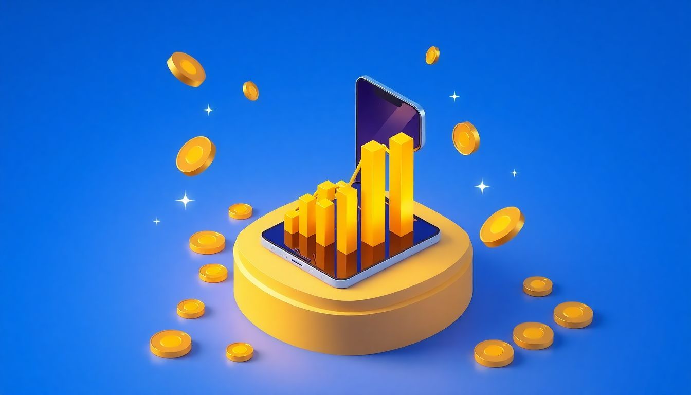 청년미래적금: 스마트폰 위로 솟아오른 황금빛 상승 그래프와 입체적인 동전 오브젝트를 통해 자산 형성의 희망을 시각화한 3D 아이소메트릭 일러스트