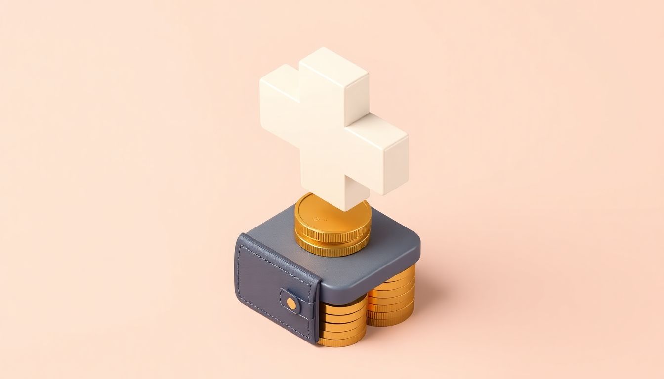 [본인부담상한제환급금] 의료를 상징하는 십자가 문양과 동전 더미가 결합되어 고액 의료비 환급 혜택을 시각화한 3D 아이코닉 이미지