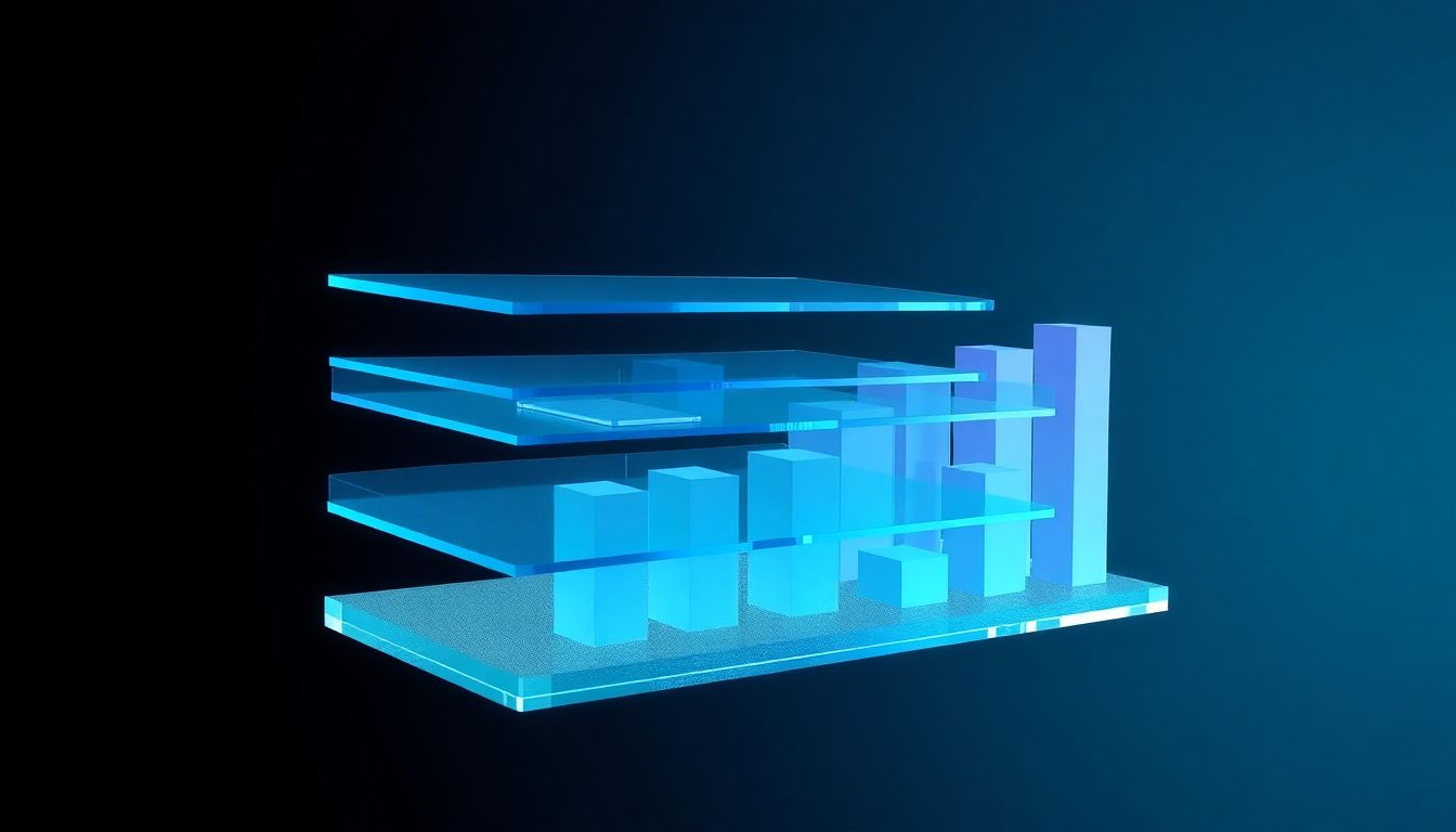 [소득분위별 상한액] 투명한 유리 재질의 계단식 그래프와 부유하는 기하학적 도형들로 분석된 소득 분위별 상한액 메커니즘 그래픽