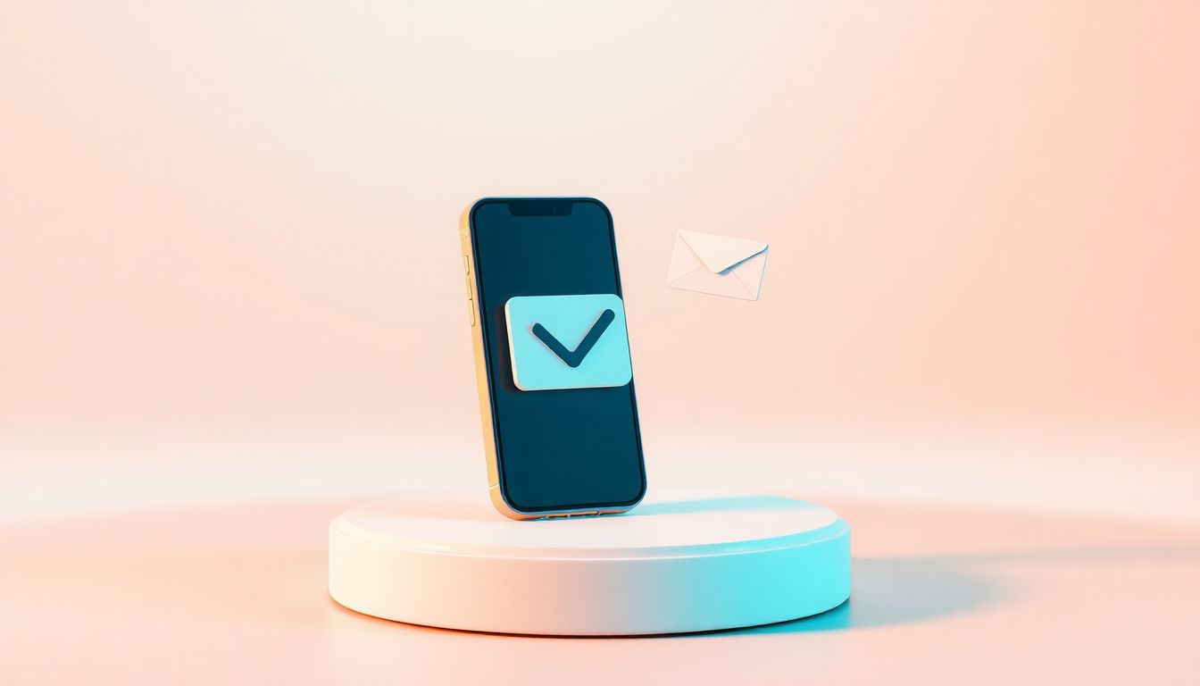 [본인부담상한제 신청] 스마트폰과 편지 봉투가 둥근 승강장 위에 떠 있는 모습으로 반려 없는 간편한 신청 절차를 묘사한 3D 일러스트