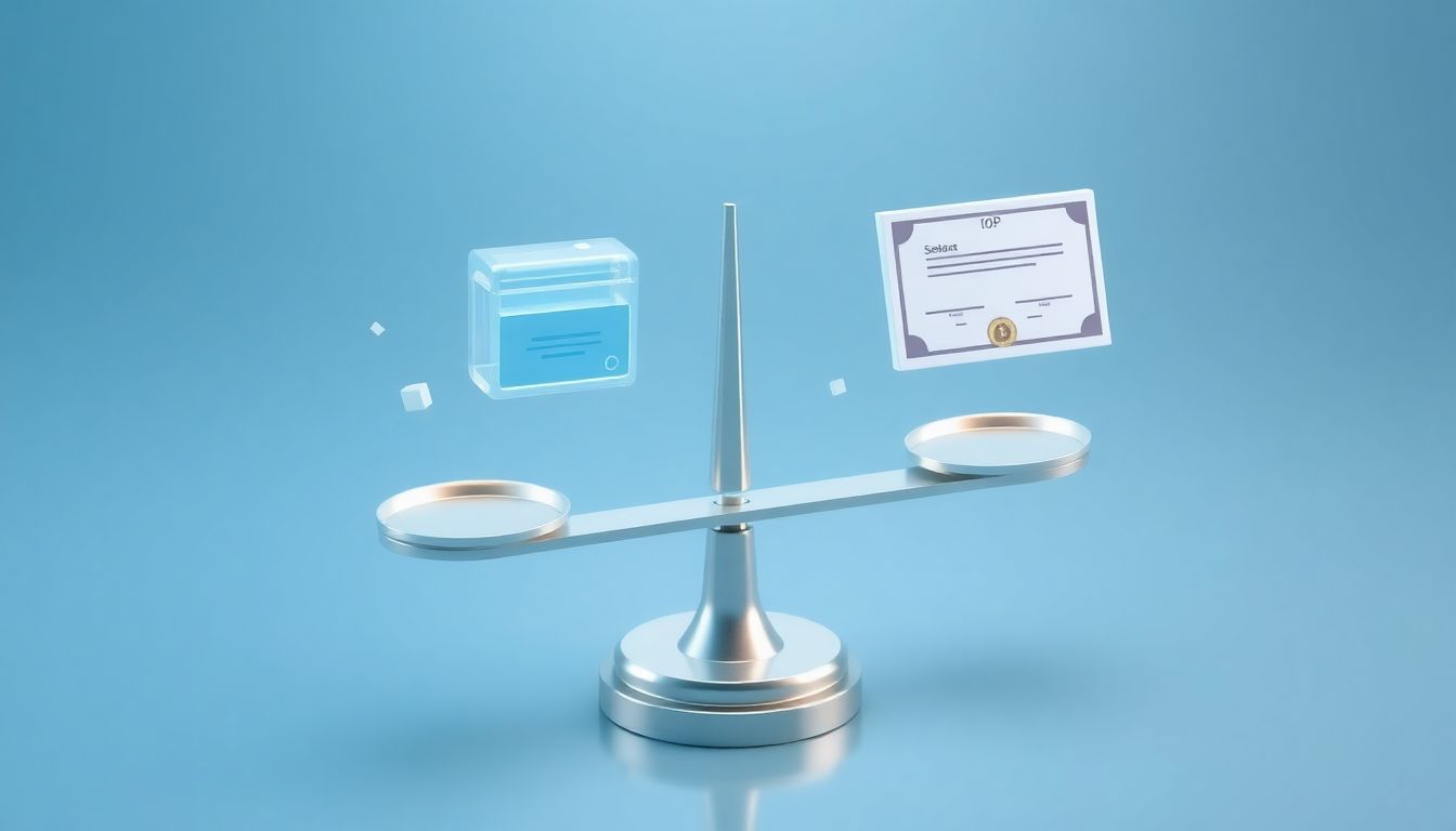 [2026 비트코인 세금] 가상자산 직접 투자와 비트코인 현물 ETF 투자의 세후 수익률 비교 분석 - 금융 저울 위에 놓인 자산 아이콘 상황