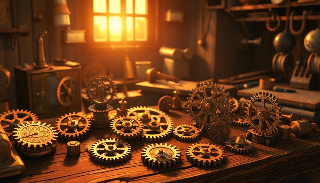 지능형 엣지 컴퓨팅 : NPU 및 팹리스 산업의 성장을 상징하는 정교하고 효율적인 황금 태엽 장치 일러스트