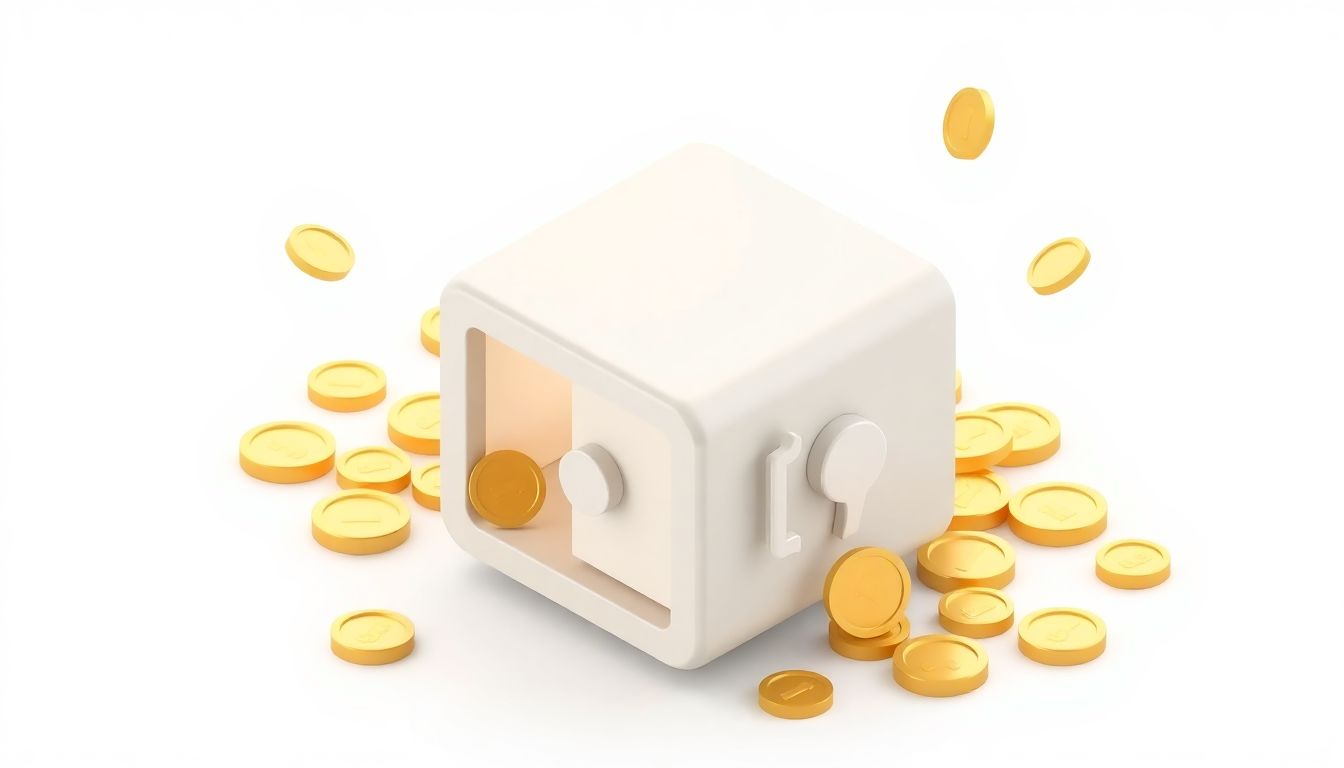 [2026 알뜰폰 무제한] 통신비 절감을 상징하는 디지털 금고와 보호되는 자산 - 자산 보호를 위한 금고와 동전