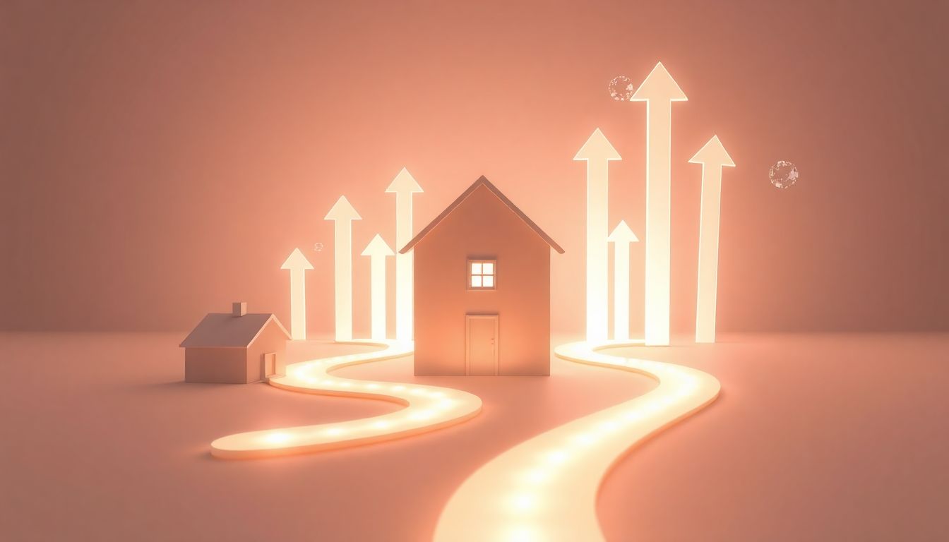 [2026 일시적 2주택 비과세] 상급지 이동을 위한 최적의 기존 주택 매도 시점 및 갈아타기 전략 - 상승하는 화살표와 집 모형